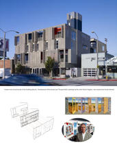 The photo above shows the building in context. Below are photos and drawings show the development of the facade concept and "Prospectivity" paintings by artist Patrick Hughes, which inspired the building concept. - Photo Credit: John Linden
