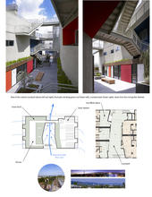 Two photos show views of the central courtyard (above). Drawings depict the roof plan and courtyard plan. In two smaller photos, views from the roof garden are seen. - Photo Credit: John Linden