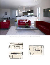 The photo depicts a typical townhouse unit, while drawings show floor plans of townhouses and apartments. - Photo Credit: John Linden