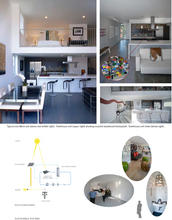 Photos show a typical apartment at the courtyard level and a townhouse unit (including a kitchen backsplash made of recycled skateboards). Smaller photos show townhouse views, and a diagram explains how the solar PV and water heating work. - Photo Credit: Tara Wujcik, John Linden and Martin Gold