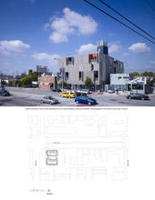 The photo shows a street view of the building in the context of Fairfax Avenue (above); the drawing below is a site plan showing the green roof and 30kw solar PV system. - Photo Credit: John Linden