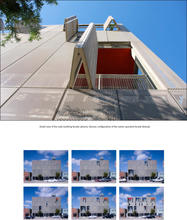 The large photo above gives a detail view of the main building facade. Below are several small photographs showing various configurations of the owner-operated thermal control facade. - Photo Credit: John Linden