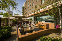Bud Clark Commons' public courtyard, sheltered from the traffic and street, provides a safe and dignified place for homeless individuals seeking services to wait, socialize, and experience nature within an urban environment. - Photo Credit: Bruce Forster