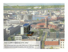 The construction of Bud Clark Commons - and the intentional exclusion of parking lots or spaces - promotes density and infill, turning zero floor area ratio (FAR) into 6:1 FAR and maximizing allowable zoning density and height goals. It also resulted in soil remediation, stormwater management for runoff from the adjacent bridge, and reinforcement for the bridge itself. - Photo Credit: Holst Architecture / Photo by SkyShots