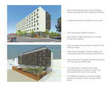 Graphic shows innovative bioclimatic design strategies used on this homeless resource center. - Photo Credit: Holst Architecture