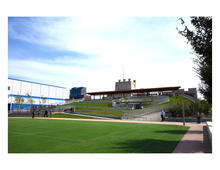 Building from sports field - Photo Credit: Kiss + Cathcart, Architects