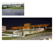 Photovoltaic panels on upper canopy and exterior at night - Photo Credit: (top) Kiss + Cathcart, Architects; (bottom) © Paul Warchol