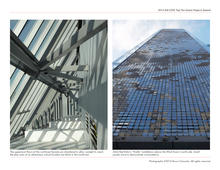 View of the uppermost floors of the northwest facade chamfered to allow sunlight to reach play area of elementary school to the northwest & view of Artist Ned Kah's "Firefly" installation that adorns the Wind Tower's north side. - Photo Credit: Photographs ©2012 Bruce Damonte. All rights reserved.