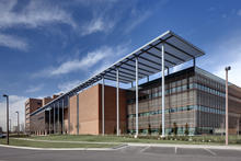 Canopy, brise soleil, and stepped footprint, south facade.