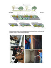 A computer rendering explains the stormwater retention system (above). Photos show installation of the stormwater system and blown-in cellulose insulation.